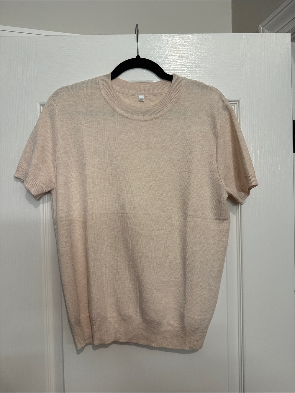Short-Sleeve Crewneck Sweater in Light Beige